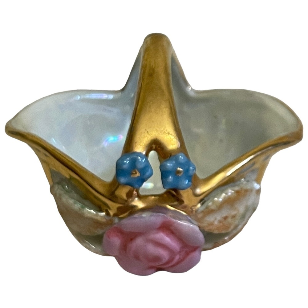 Vintage EPA Japan Miniature Porcelain Floral Trinket Jewelry Basket Gold Gilded